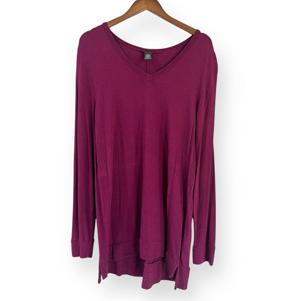 Adrianna Papell Burgundy Textured Tunic Top XL Womens V Neck Long Sleeve Shirt